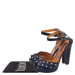 مملوكة مسبقًا صندل رالف لورين نعل سميك سير كاحل قماس بولكا دوت أزرق مقاس 40