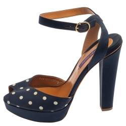 مملوكة مسبقًا صندل رالف لورين نعل سميك سير كاحل قماس بولكا دوت أزرق مقاس 40