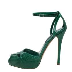 Pre Owned Ralph Lauren Green Lizard Jelandra Ankle Strap Peep Toe Sandals Size 38