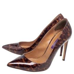 Pre Owned Ralph Lauren Brown/Yellow Tortoise Patent Leather Pointed Toe Pumps Size 39