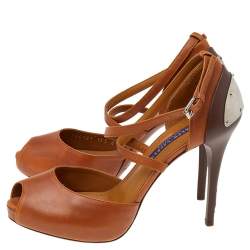 Pre Owned Ralph Lauren Brown Leather Ankle Strap Sandals Size 37.5