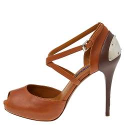 Pre Owned Ralph Lauren Brown Leather Ankle Strap Sandals Size 37.5