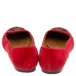 Pre Owned Ralph Lauren Collection Red Velvet Embroidered Ballet Flats Size 39.5