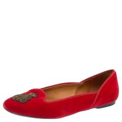 Pre Owned Ralph Lauren Collection Red Velvet Embroidered Ballet Flats Size 39.5