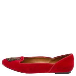 Pre Owned Ralph Lauren Collection Red Velvet Embroidered Ballet Flats Size 39.5