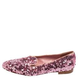 Ralph Lauren Pink Sequin Embellished Quintessa Pewter Smoking Slippers Size 37