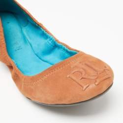 Ralph Lauren Tan Leather Embossed Logo Scrunch Ballet Flats Size 37
