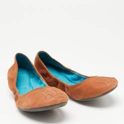 Ralph Lauren Tan Leather Embossed Logo Scrunch Ballet Flats Size 37