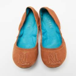 Ralph Lauren Tan Leather Embossed Logo Scrunch Ballet Flats Size 37