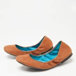 Ralph Lauren Tan Leather Embossed Logo Scrunch Ballet Flats Size 37