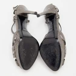 مملوكة مسبقًا صندل رالف لورين جلد نقشة الثعبان رصاصي ميتاليك سير كاحل مقاس 38