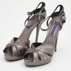 مملوكة مسبقًا صندل رالف لورين جلد نقشة الثعبان رصاصي ميتاليك سير كاحل مقاس 38