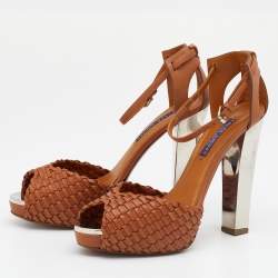 Pre Owned Ralph Lauren Brown Leather Platform Ankle Strap Sandals Size 39