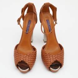 Pre Owned Ralph Lauren Brown Leather Platform Ankle Strap Sandals Size 39