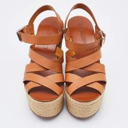 Pre Owned Ralph Lauren Brown Leather Wedge Platform Espadrille Sandals Size 38