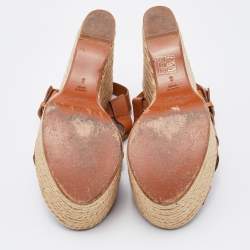 Pre Owned Ralph Lauren Brown Leather Wedge Platform Espadrille Sandals Size 38