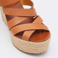 Pre Owned Ralph Lauren Brown Leather Wedge Platform Espadrille Sandals Size 38