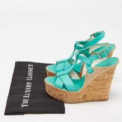 Pre Owned Ralph Lauren Turquoise Leather and Jute Cork Wedge Ankle Strap Sandals Size 37.5