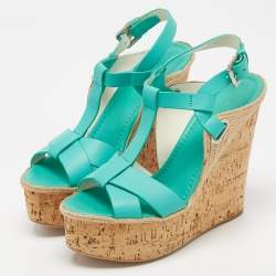 Pre Owned Ralph Lauren Turquoise Leather and Jute Cork Wedge Ankle Strap Sandals Size 37.5