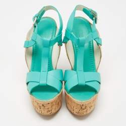 Pre Owned Ralph Lauren Turquoise Leather and Jute Cork Wedge Ankle Strap Sandals Size 37.5