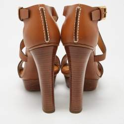 Pre Owned Ralph Lauren Collection Brown Leather Alannah Platform Ankle Strap Sandals Size 36