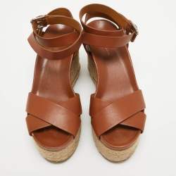 Pre Owned Ralph Lauren Brown Leather Espadrille Wedge Platform Ankle Strap Sandals Size 38