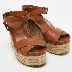 Pre Owned Ralph Lauren Brown Leather Espadrille Wedge Platform Ankle Strap Sandals Size 38