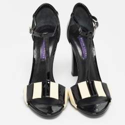 Ralph Lauren Black/White Patent Leather T Strap Sandals Size 40