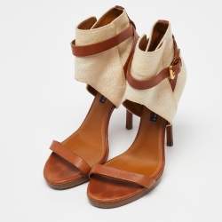 Ralph Lauren Collection Beige/Brown Canvas and Leather Platform Ankle Strap Sandals Size 37.5