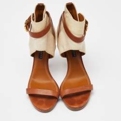 Ralph Lauren Collection Beige/Brown Canvas and Leather Platform Ankle Strap Sandals Size 37.5