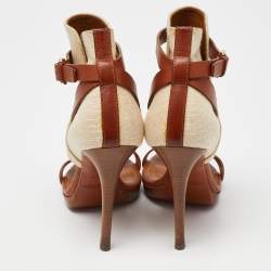 Ralph Lauren Collection Beige/Brown Canvas and Leather Platform Ankle Strap Sandals Size 37.5