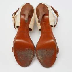 Ralph Lauren Collection Beige/Brown Canvas and Leather Platform Ankle Strap Sandals Size 37.5
