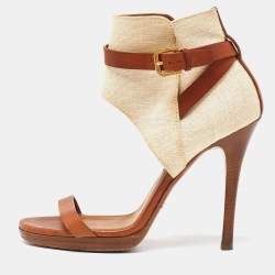 Ralph Lauren Collection Beige/Brown Canvas and Leather Platform Ankle Strap Sandals Size 37.5