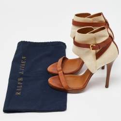 Ralph Lauren Collection Beige/Brown Canvas and Leather Platform Ankle Strap Sandals Size 37.5