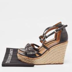 Ralph Lauren Black Leather Wedge Platform Espadrille Ankle Strap Sandals Size 39.5