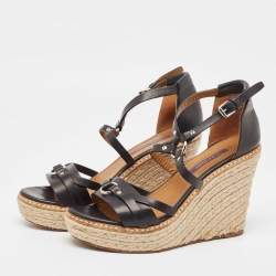 Ralph Lauren Black Leather Wedge Platform Espadrille Ankle Strap Sandals Size 39.5