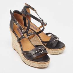 Ralph Lauren Black Leather Wedge Platform Espadrille Ankle Strap Sandals Size 39.5