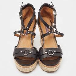 Ralph Lauren Black Leather Wedge Platform Espadrille Ankle Strap Sandals Size 39.5