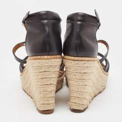 Ralph Lauren Black Leather Wedge Platform Espadrille Ankle Strap Sandals Size 39.5