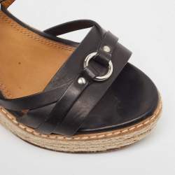 Ralph Lauren Black Leather Wedge Platform Espadrille Ankle Strap Sandals Size 39.5