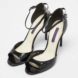 Ralph Lauren Collection Black Patent Leather Peep Toe Sandals Size 38