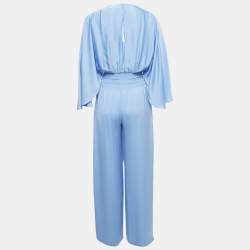 Pre Owned Ramy Brook Blue Satin Smocked V-Neck Jumpsuit XXS