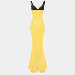 Pre Owned Rasario Yellow Velvet and Satin Cut-Out Maxi Dress XS