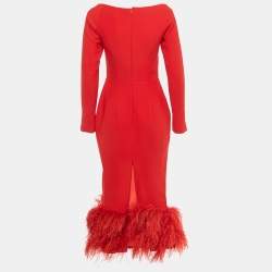 Pre Owned Rasario Red Crepe Fringed Midi Dress M