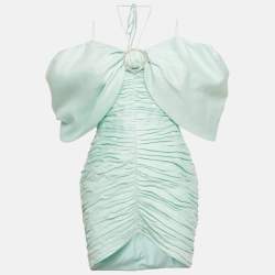 Pre Owned فستان راساريو مزيج الكتان أخضر فاتح كتف مكشوف مقاس متوسط