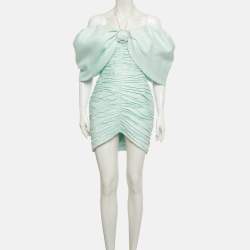 Pre Owned فستان راساريو مزيج الكتان أخضر فاتح كتف مكشوف مقاس متوسط