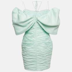 Pre Owned فستان راساريو مزيج الكتان أخضر فاتح كتف مكشوف مقاس متوسط