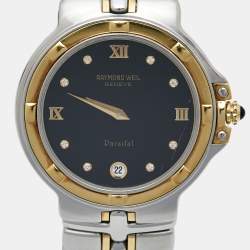 Pre Owned Raymond Weil Black Gold Plated Stainless Steel Parsifal 9190 Women Watch 35 mm