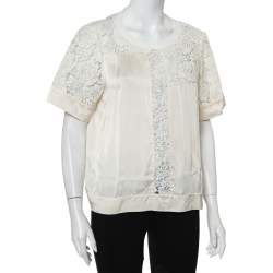 Pre Owned Rebecca Taylor Cream Satin & Lace Paneled Roundneck Top L