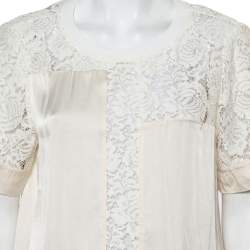 Pre Owned Rebecca Taylor Cream Satin & Lace Paneled Roundneck Top L